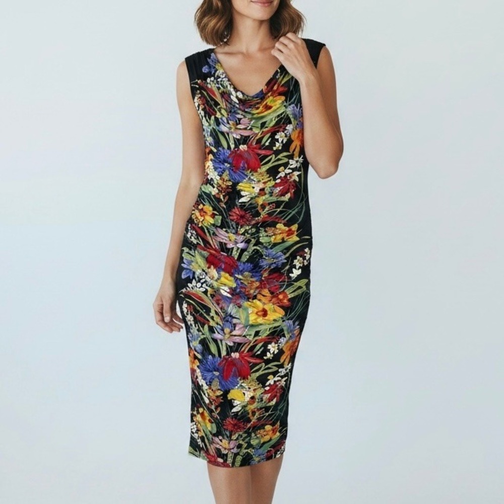 Cartise Sheath Dress Size 8 Black Floral Ruched Cowl Neck Bodycon Cocktail Event